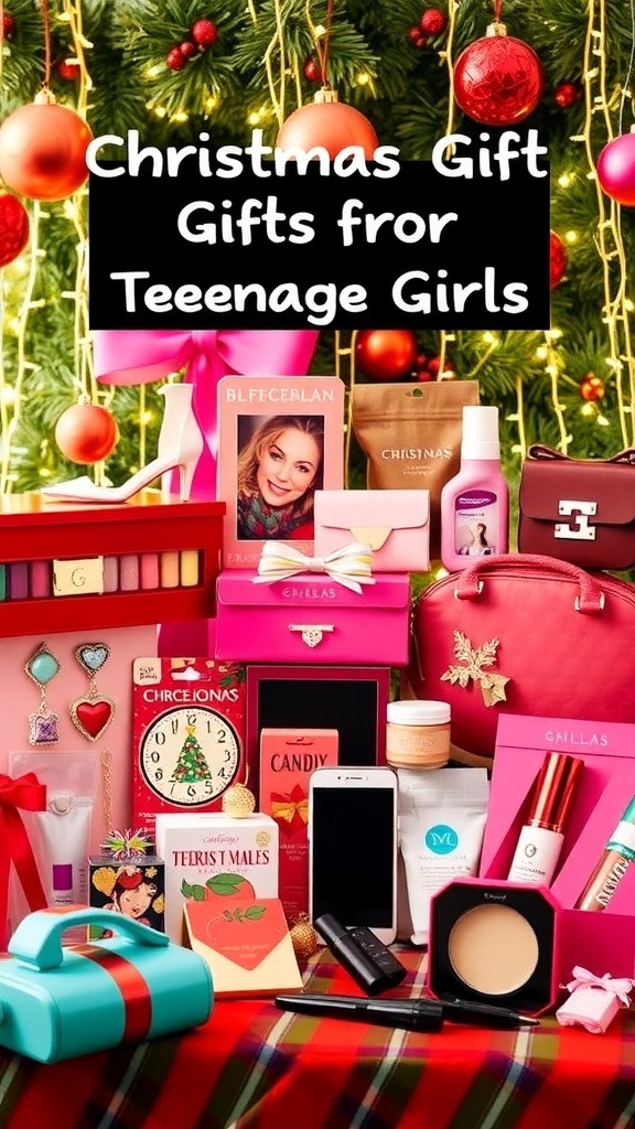 A collection of trendy Christmas gifts for teenage girls including jewelry, bags, and tech gadgets on a festive background.